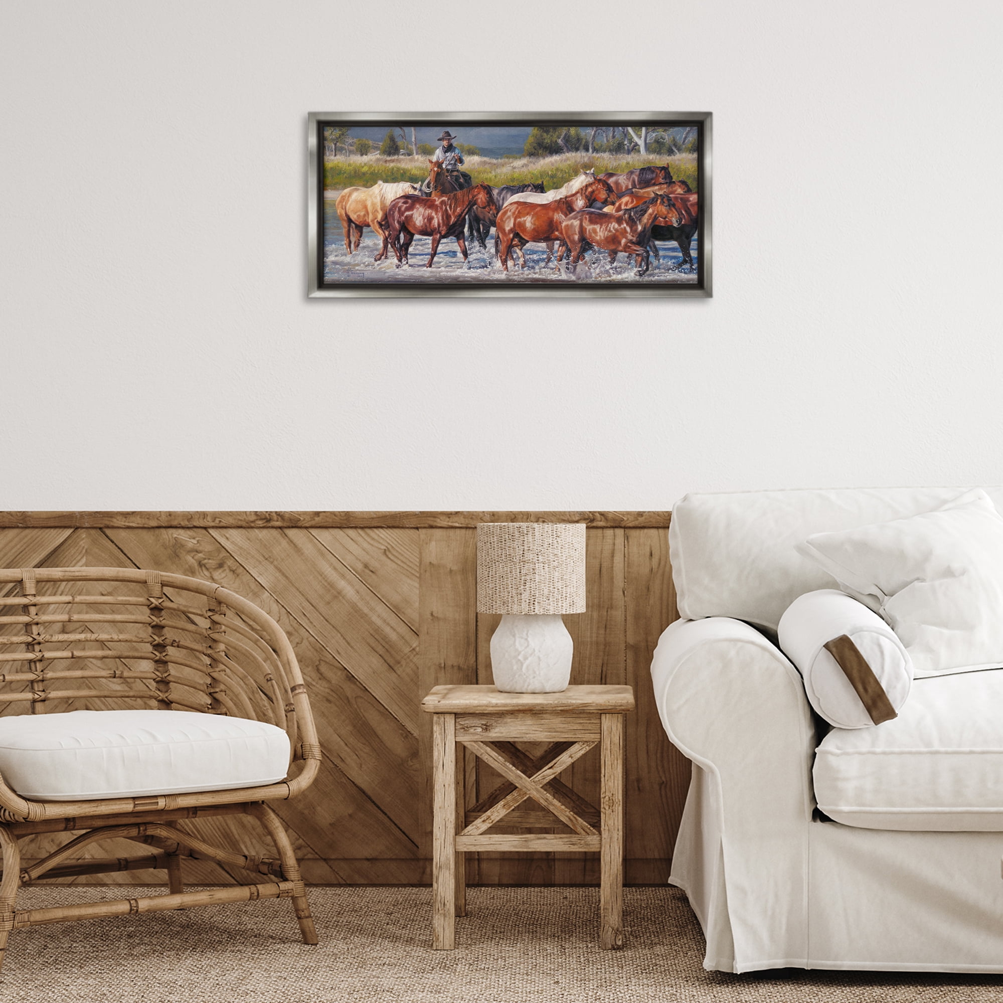 Stupell Industries Crossing The Remuda Animals & Insects Painting Gray Floater Framed Canvas Art Print Wall Art, 25 x 11