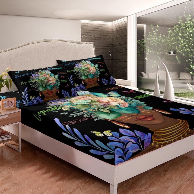 Girl African Fitted Sheet Twin Size,African Style American Inspirational Quotes Bedding Set Kids Girls Women Room Decor Watercolor Flowers Butterfly Bed Sheet Black Fashion Deep Pocket Sheet 3Pcs