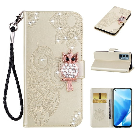 Feishell OnePlus Nord N200 5G Case Owl Pattern Glitter Sparkly Gems Shockproof PU Leather Wallet Cover Flip Stand Card Slots Magnetic Diamond Bling Folio Case for OnePlus Nord N200 5G, Gold