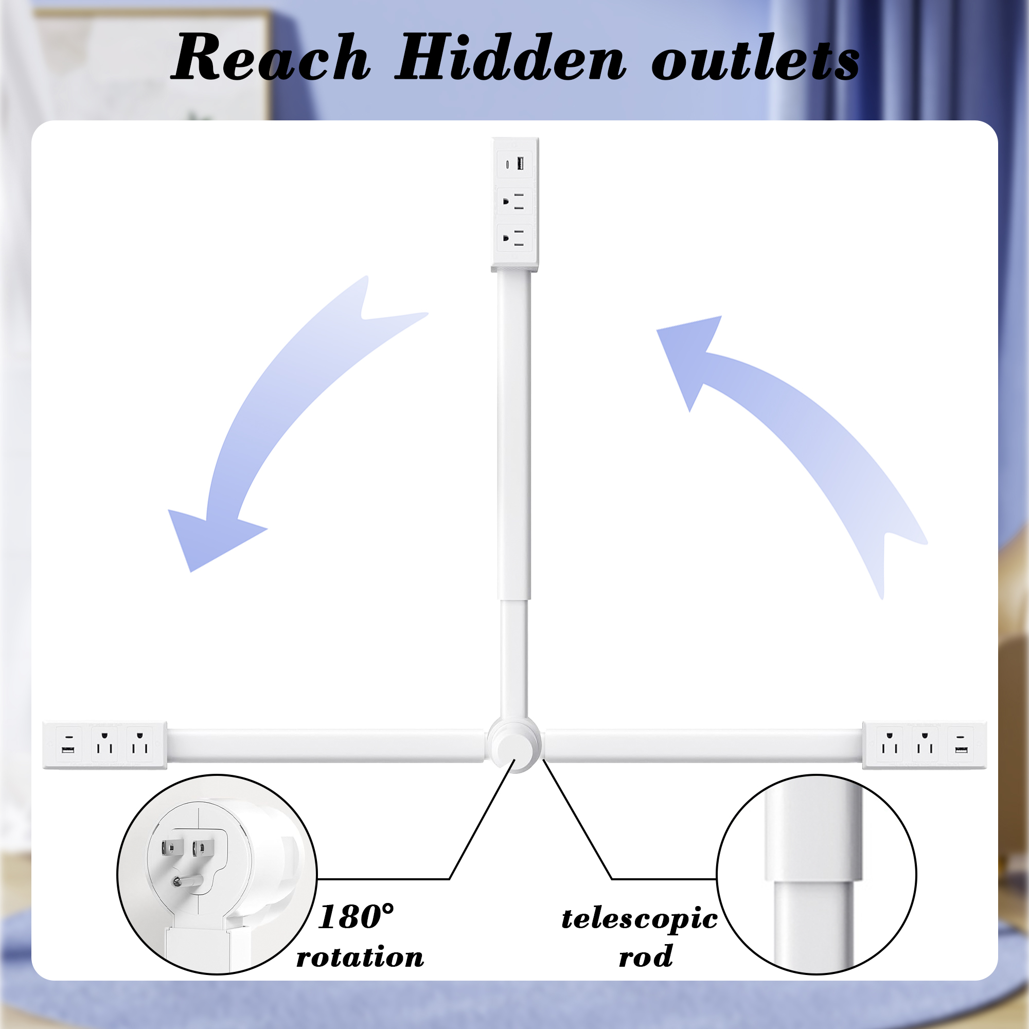 Extended and Rotating Outlet Features USB-A, USB-C, and 2 Ac Outlets, Extendable Wall Outlet Extends 22-34, 180° Swivel, Rotating Outlet for Behind Couches