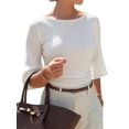 thumbnail image 3 of Women's 3/4 Sleeve Top Ruched Waist Fitted Tops for Women Crop Boat Neck Ribbed Bell Sleeve Flare White M, 3 of 7