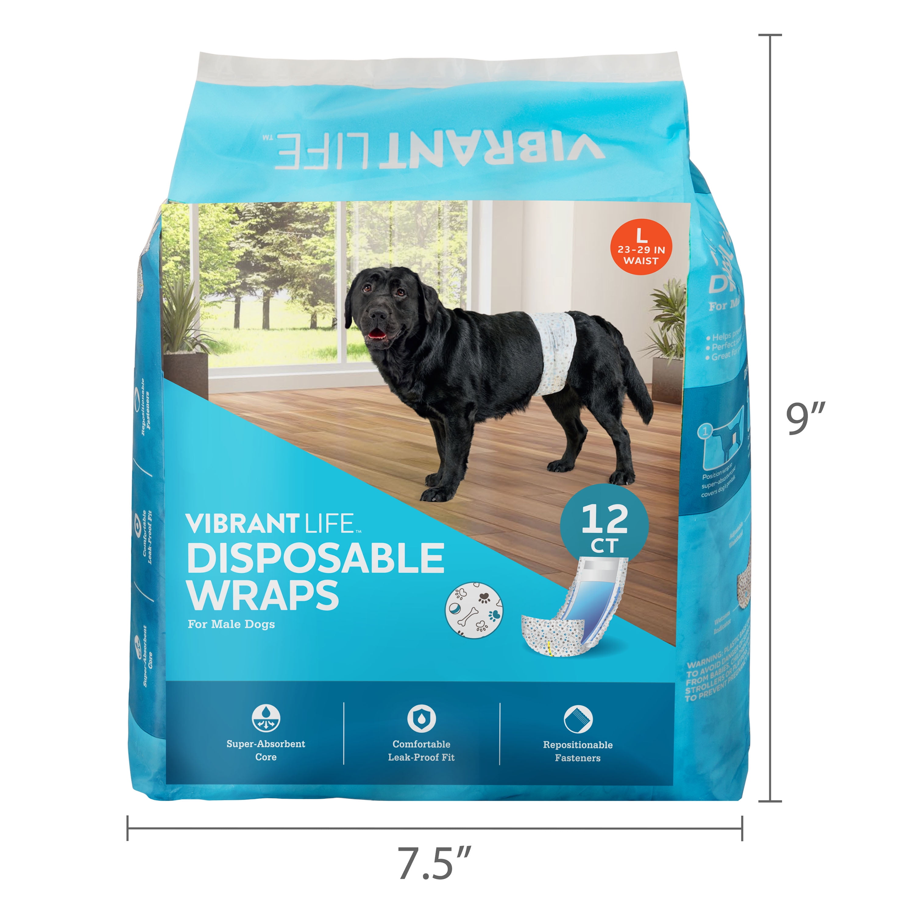 (4 pack) Vibrant Life Disposable Dog Wraps for Male Dogs, L 12 Count