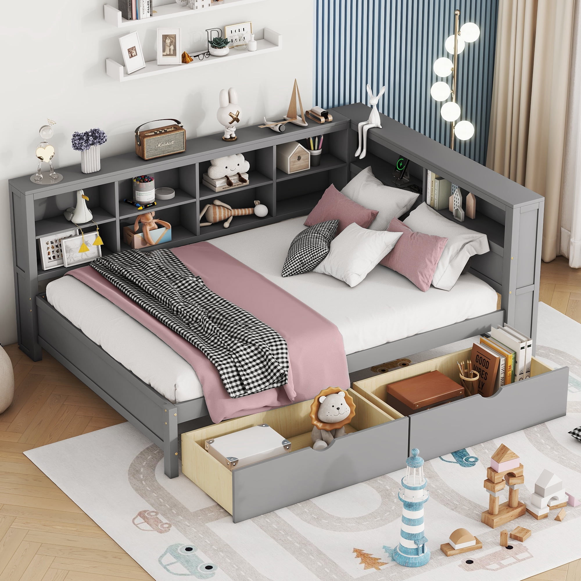 Mintazer Full Daybed with Storage Headboard & Charging Station, 2 Drawers & Shelves, Wood Bed Frame for Kids Bedroom, Grey