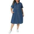 thumbnail image 5 of Agnes Orinda Women's Plus Size Denim Dresses Button Down Lapel Short Sleeve Midi Summer Casual Denim Jean Shirt Dress with Pockets 2X Blue, 5 of 8