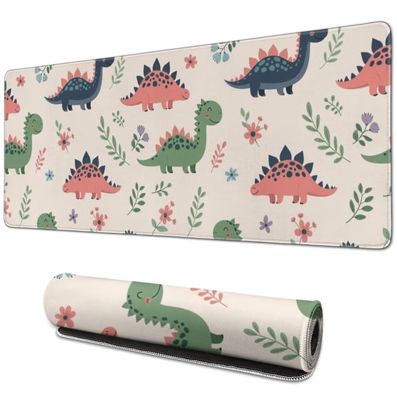 Long Mouse Pads for Desk,Beige Dinosaurs Flowers Leaves Desk Mats on Top Of Desks, Desk Mouse Pad Extra Large with 3mm Non-Slip Base and Stitched Edge for Gaming,Office,Work,Home 31.5"x11.8"