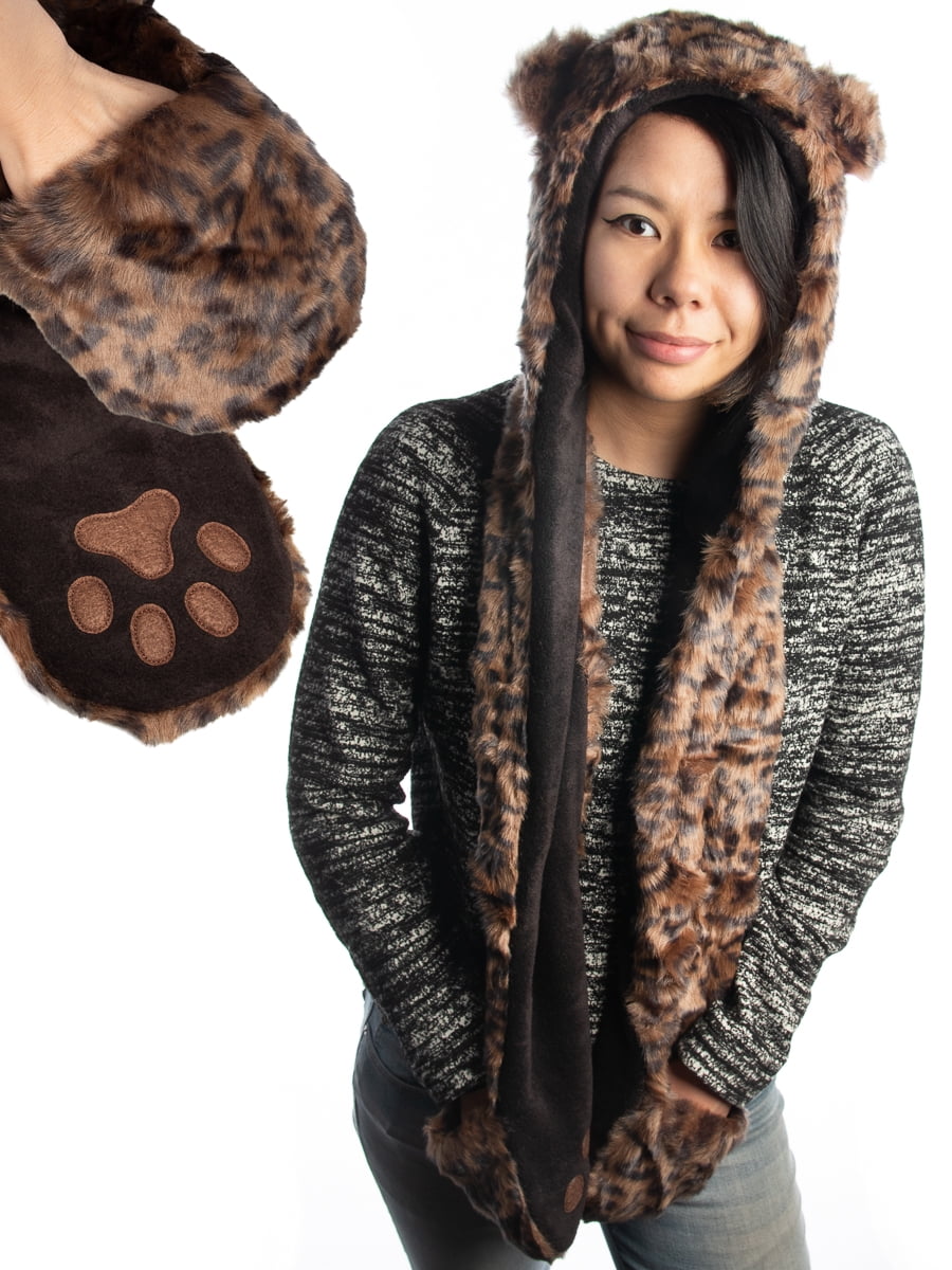 ANIMAL HAT WITH SCARF MITT,FAUX FUR ANIMAL HEAD SCARF HAT WITH HAND WARMERS