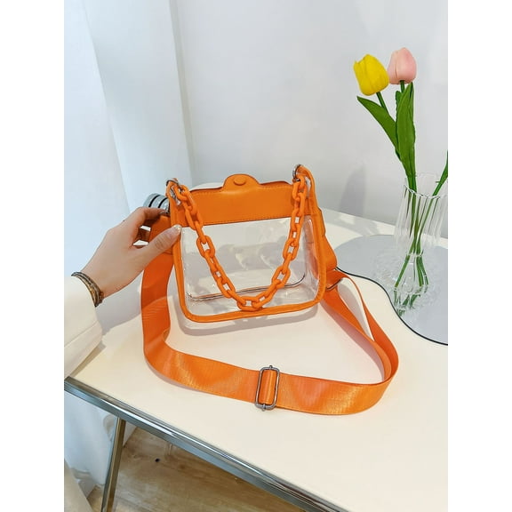 Women Cute Clear Small Tote Bag with Chain PVC Crossbody Bag Small Crossbody Bag Handbag Purse (Orange color)