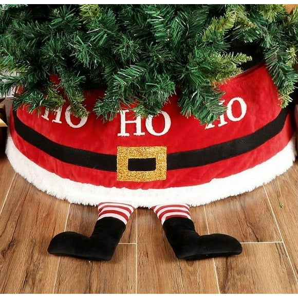 Christmas Tree Skirt with Santa Feet, Christmas Tree Decorations, Burlap Tree Muffs, Christmas Tree Decorations for Holiday Season