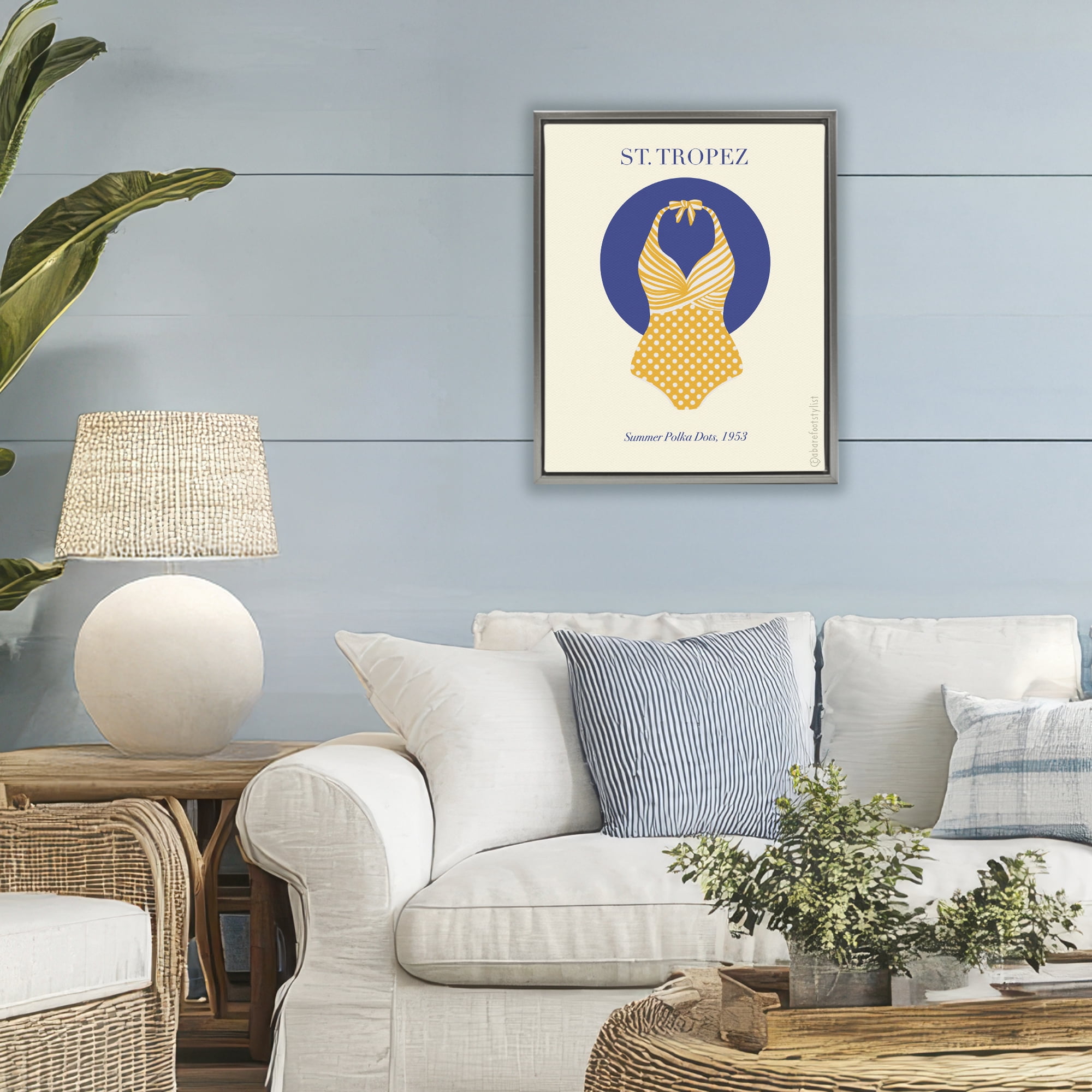 Stupell Industries St. Tropez Dotted Swimsuit Gray Framed Floater Canvas Wall Art, design by A Barefoot Stylist