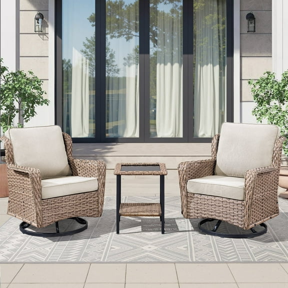 Lumiinofami 3-Piece Outdoor Wicker Swivel Glider Chairs with Side Table, Patio PE Rattan Rocker Lounge Bistro Set for Balcony Garden Porch, Beige Cushions
