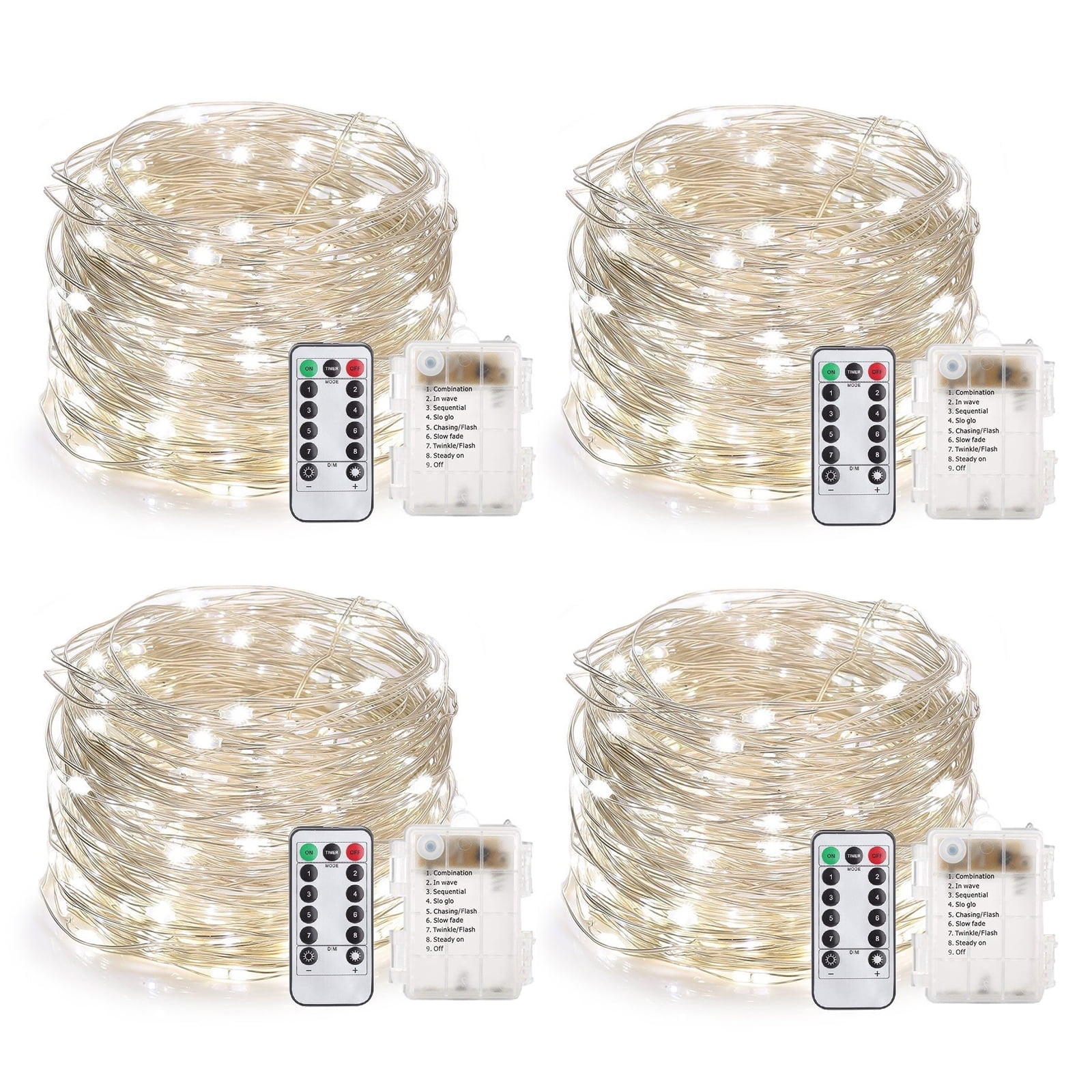 Rirool 4-Pack 33ft Cool White LED Fairy Lights - Battery Operated Waterproof String Lights with Remote, 8 Modes - for Garden, Wedding, Bedroom, Party Decor