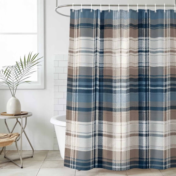 Blue Brown Plaid Waterproof Fabric Shower Curtain,Vintage Abstract Stripes Lattice Waterproof Fabric Shower Curtain for Bathroom Curtains Bathtubs Hotel Shower Curtains with 12 Hooks Stall 48x72in