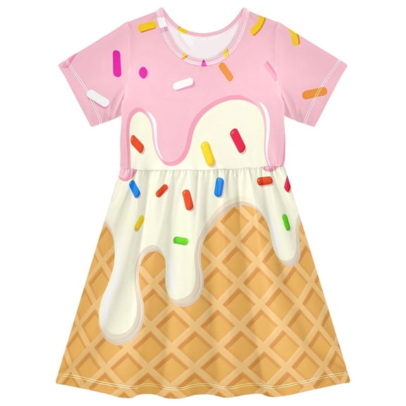 joogoo Pink Ice Cream Waffle Girls' Short Sleeve Dress Kids Dresses 5-6T