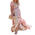 thumbnail image 3 of Femmes Boho Beach Dress Off Épaule Robe à Manches Courtes Imprimé Floral Coupe Ample Longue Robe Fendue, 3 of 6
