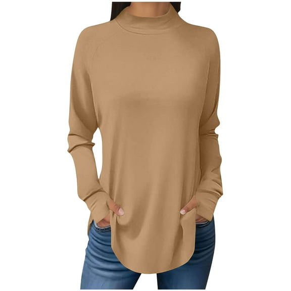 CheerKidz Women Spring High Neck Solid Color T Shirt Thumb Hole Long Sleeve Casual Fashion Top Vintage Classic Comfortable Stretch Breathable Thin Daily Wear(Khaki,M)