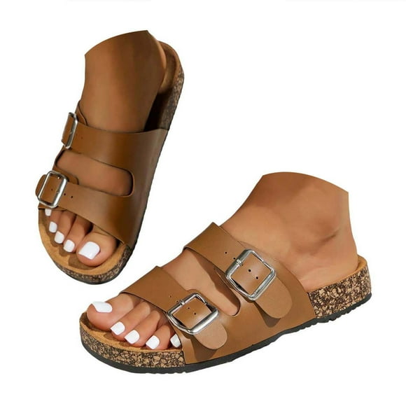 Dakaela Women's Flat Sandals Cork Footbed Slides Double Straps Slip on Beach Dressy Mules Clogs