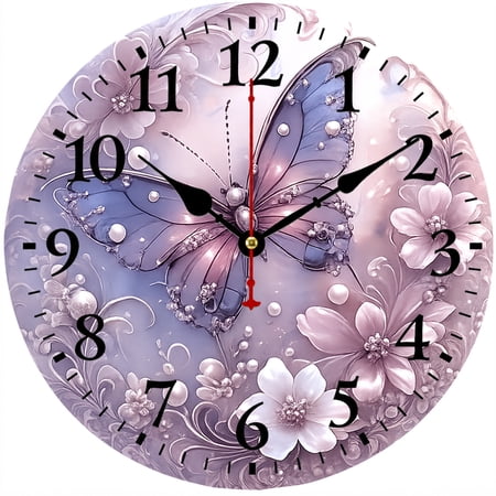 Purple Butterfly Wall Clock 9.84 Inch, Floral Decorative Battery Operated Analog Clock for Living Room Bedroom Kitchen Bathroom Office