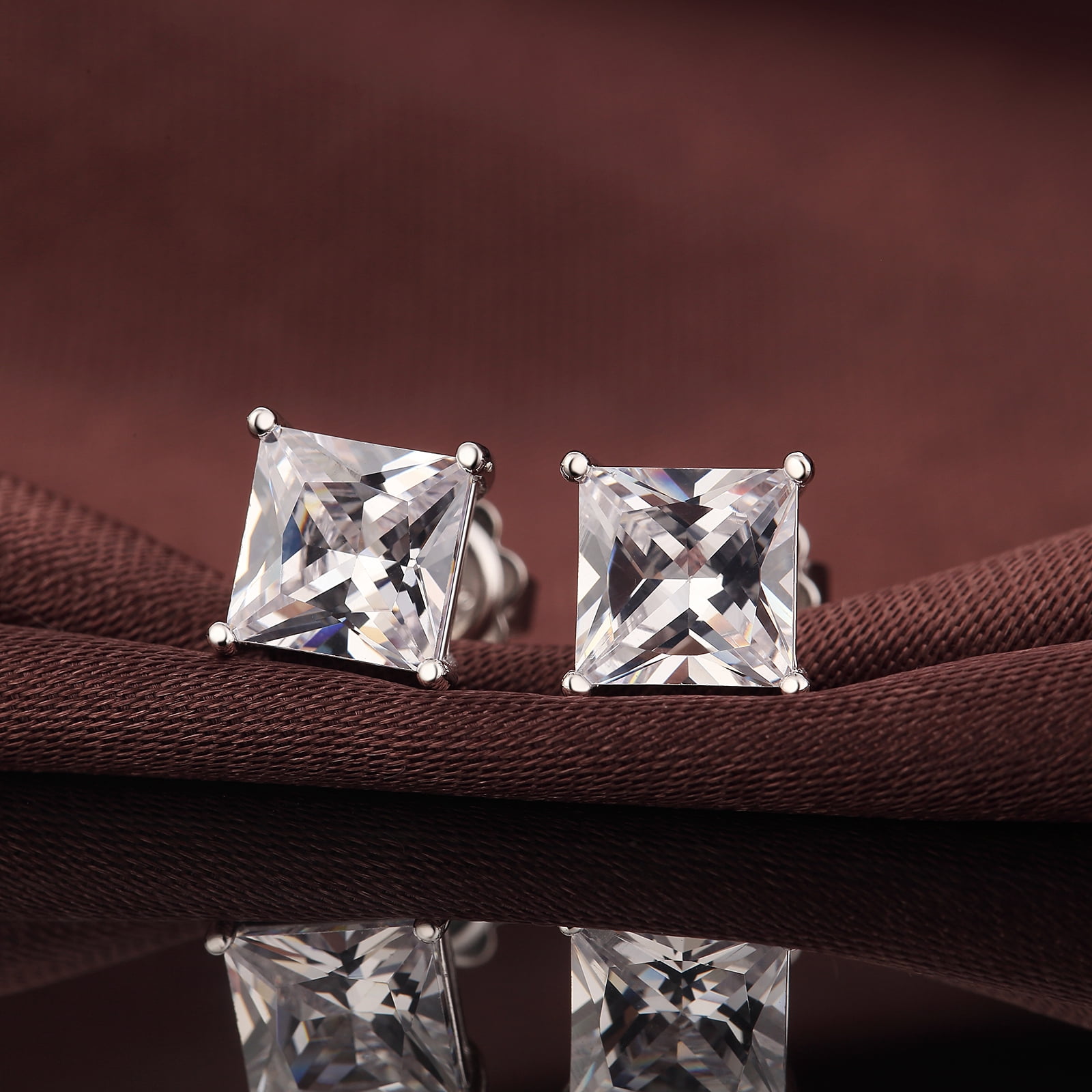 Jiamiaoi 18k White Gold Plated 925 Sterling Silver Sparkly Cubic Zirconia Stud Earrings Sets 4mm-8mm Circle Diamond Earrings Gold Square Stud Earrings Hypoallergenic