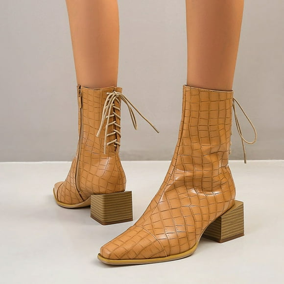 HKEJIAOI High Heel Boots Women's Thick Heel Square Heel Square Toe Back Lace Up Side Zipper Boots