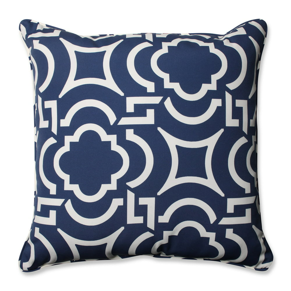 25" Navy Blue and White Carmody Square Geometric Outdoor Patio Floor Pillow