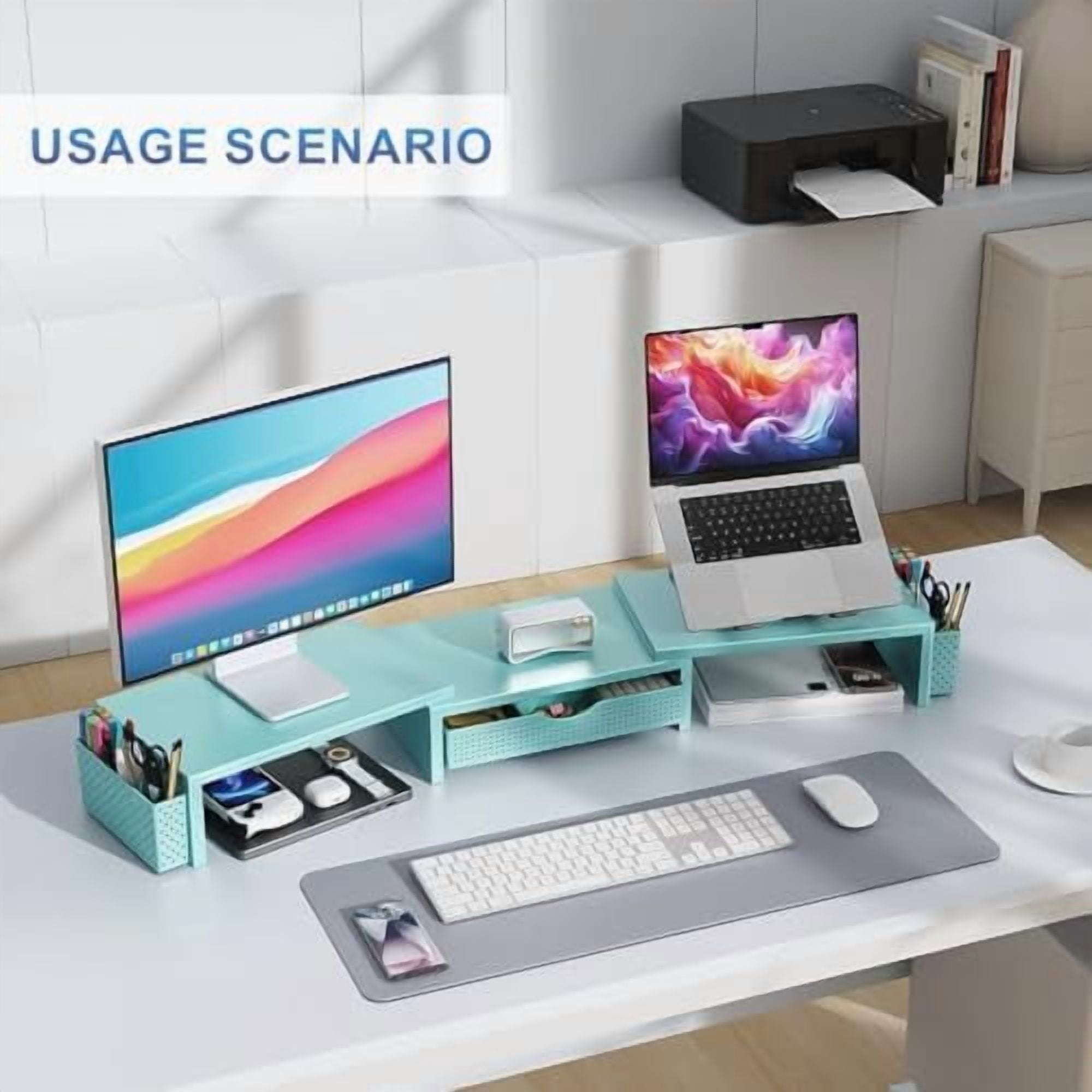 Dual Monitor Stand Riser, Desk Organizer With Drawer and 2 Pen Holders, Monitor Stand for Desk, Office Decor Essentials (Blue)