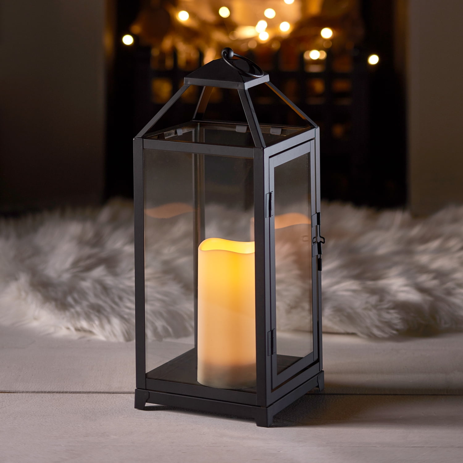 Lights4fun, Inc. 12.5 Black Metal Battery Operated LED Flameless Candle Lantern Light for Indoor & Outdoor Use