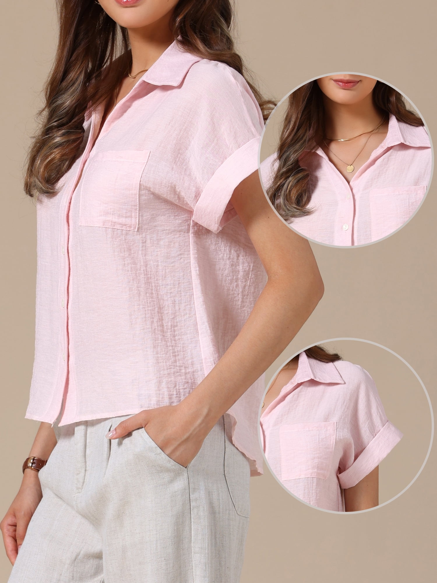 DARING DIVA Women's Button Up Casual Work Short Sleeve Collared Blouse M Pink