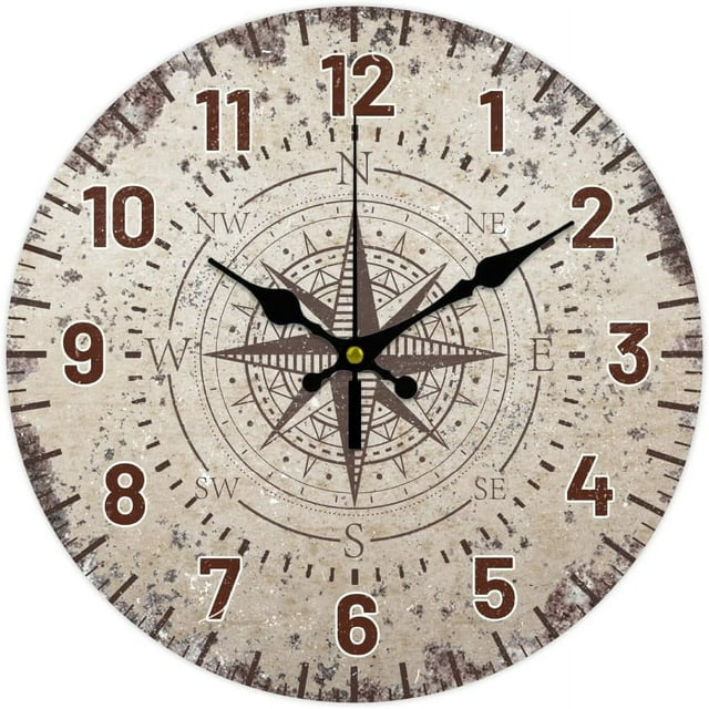 Reloj de pared vintage con brújula náutica de 12 pulgadas, silencioso, digital, redondo, funciona con pilas, para decoración del hogar, sala de estar, cocina y oficina.