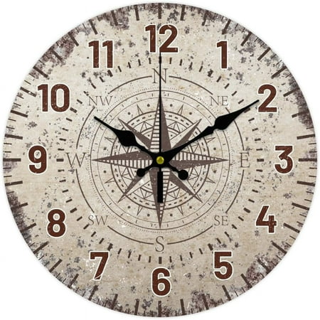 12inch Vintage Nautical Compass Wall Clock Silent Wall Clocks Round Digital Clocks Battery Operated Clock for Home Decor Living Room Kitchen Office Camellia