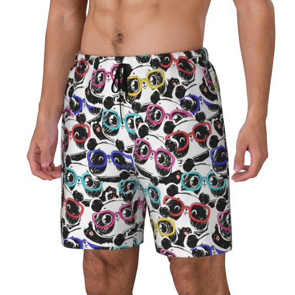 Naloa Panda And Glasses Print Men Swim Trunks with Compression Liner ,Board Shorts,Men's Swim Shorts with Drawstring and Elastic Waistband-Small