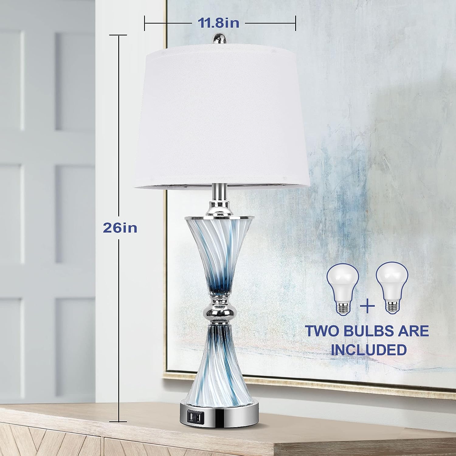 Rottogoon Blue Glass Table Lamps for Living Room Touch Coastal Bedside ...