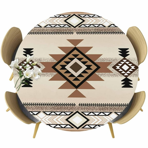 Brown Southwestern Round Tablecloth 55-60 Inch Round Fitted Table Cloth with Elastic Edge, Boho Ethnic Geometric Farmhouse Waterproof Table Cover Protector for Outdoor Picnic Party Dining