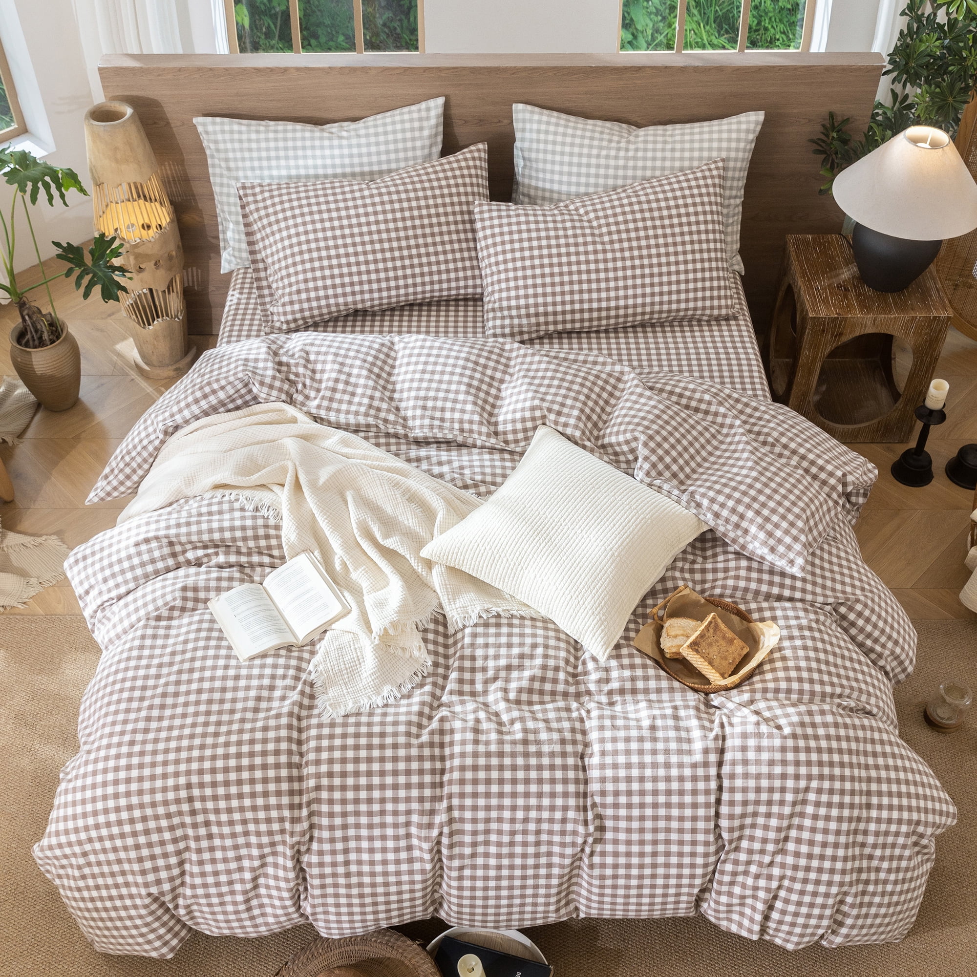 MooMee Gingham Duvet Cover Set Queen 100% Washed Cotton Linen Like Textured Breathable Lightweight 3-Piece (Brown, 90"x90")