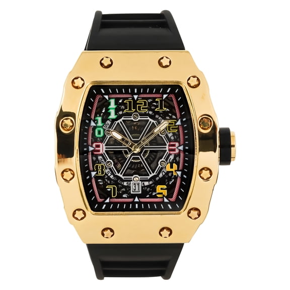 Techno Pave Men’s 42mm Tonneau Watch – Luxury Skeleton Dial Quartz Timepiece with Silicone Strap, Gift for Him - Gold Black