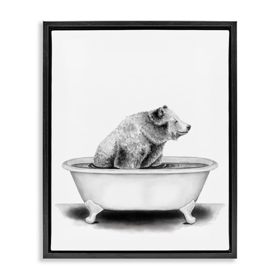 Stupell Industries Bear In A Tub Funny Animal Bathroom Drawing Jet Black Framed Floating Canvas Wall Art, 16x20, by Rachel Neiman
