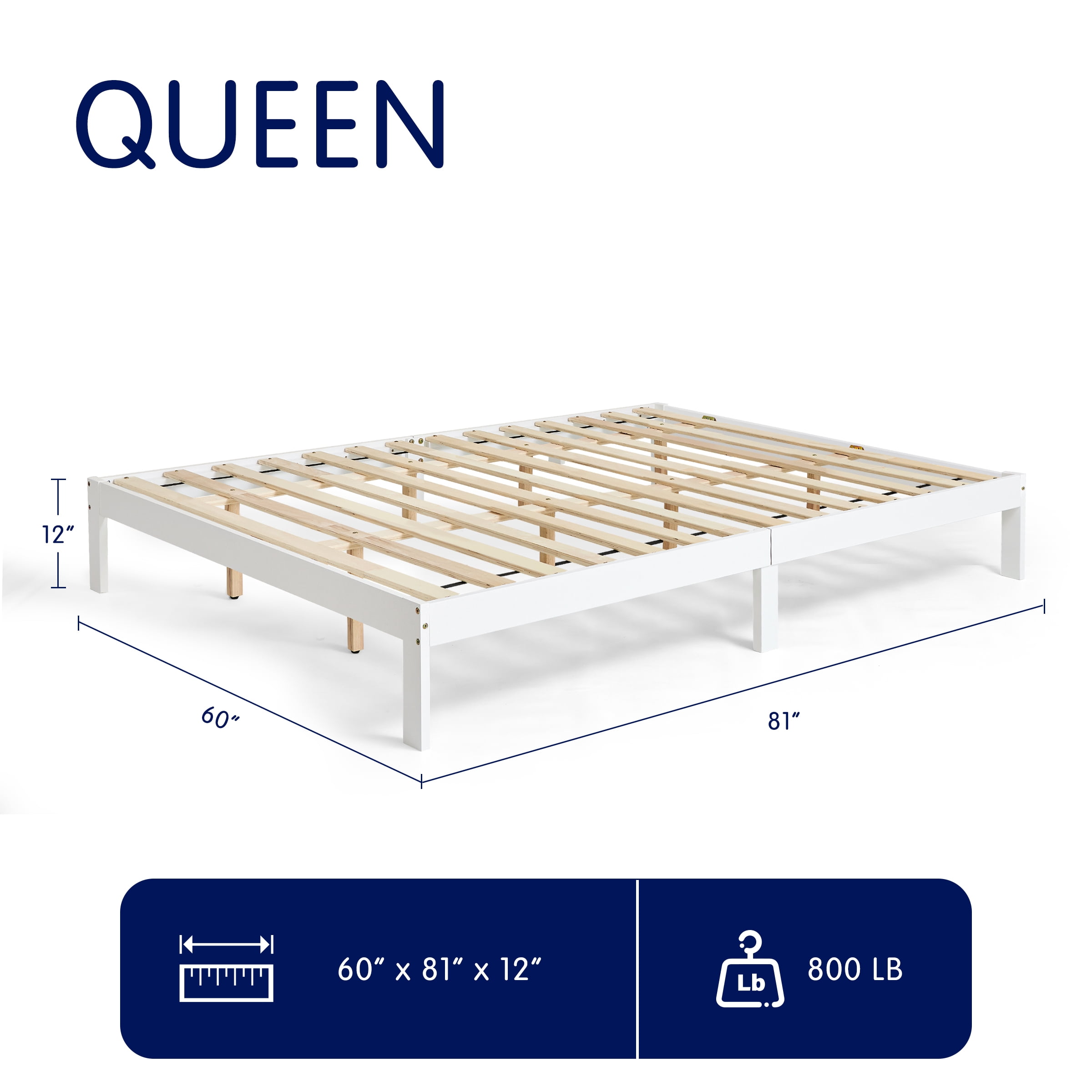 Queen Size Bed Frame, Solid Wood Platform with Wood Slat Support, No Box Spring Needed, White