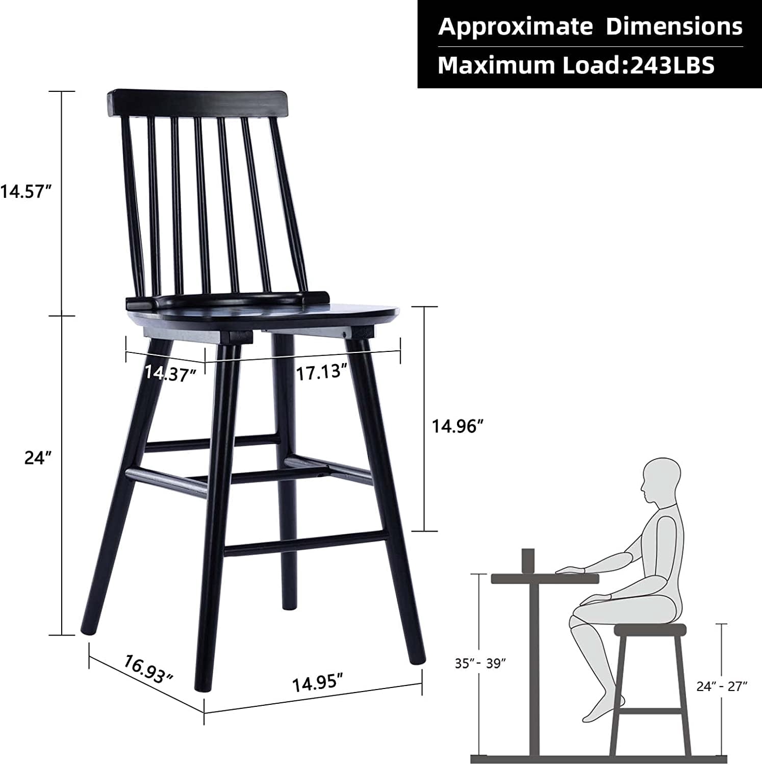 Duhome Wood Bar Stools Set of 2, Farmhouse Counter Stools 24" Barstool with Back Counter Height Chairs for Kitchen Island Windsor Stool, Black