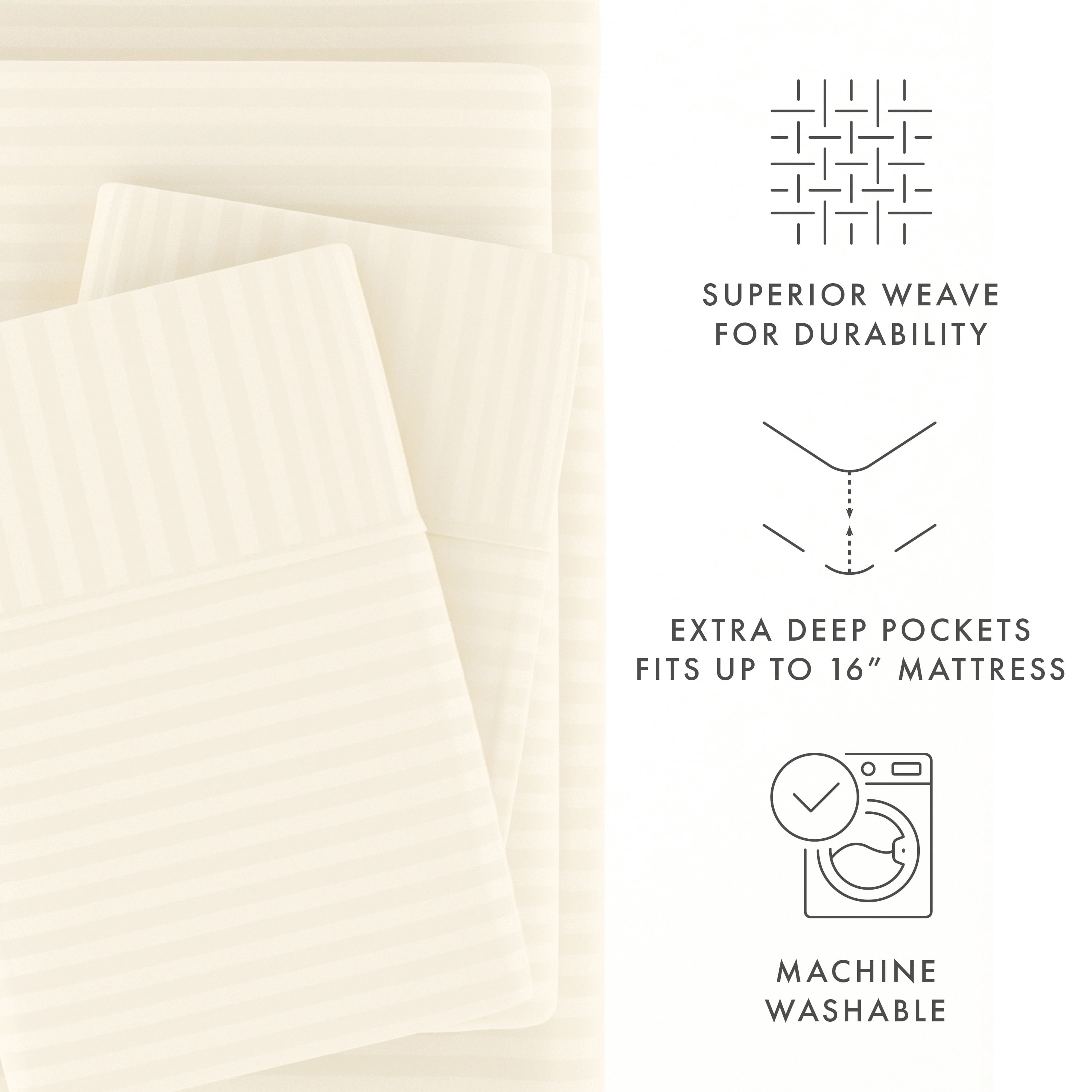 Noble Linens 4 Piece Ivory Striped Embossed Bed Sheet Set, CalKing
