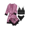 thumbnail image 1 of Faithtur 4 Pièces Pyjama Set V Cou Cami Tops Dentelle Garniture Shorts Robe Ceinturée Dentelle String Ensembles de Vêtements de Nuit, 1 of 2