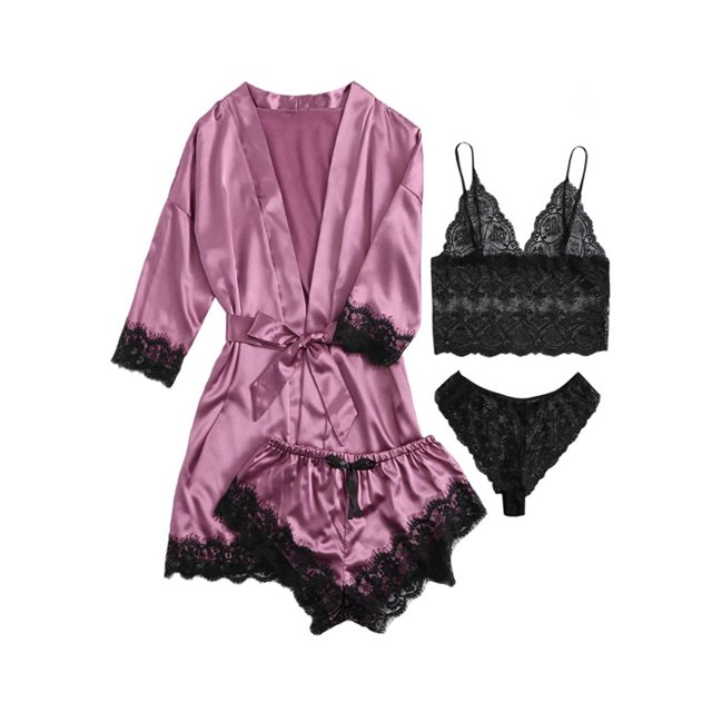 Faithtur 4 Pièces Pyjama Set V Cou Cami Tops Dentelle Garniture Shorts Robe Ceinturée Dentelle String Ensembles de Vêtements de Nuit