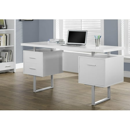 UPC: 0878218001429 | Computer Desk – 3 Storage Drawers / Reversible / Floating Desktop – 60 L – White / Silver