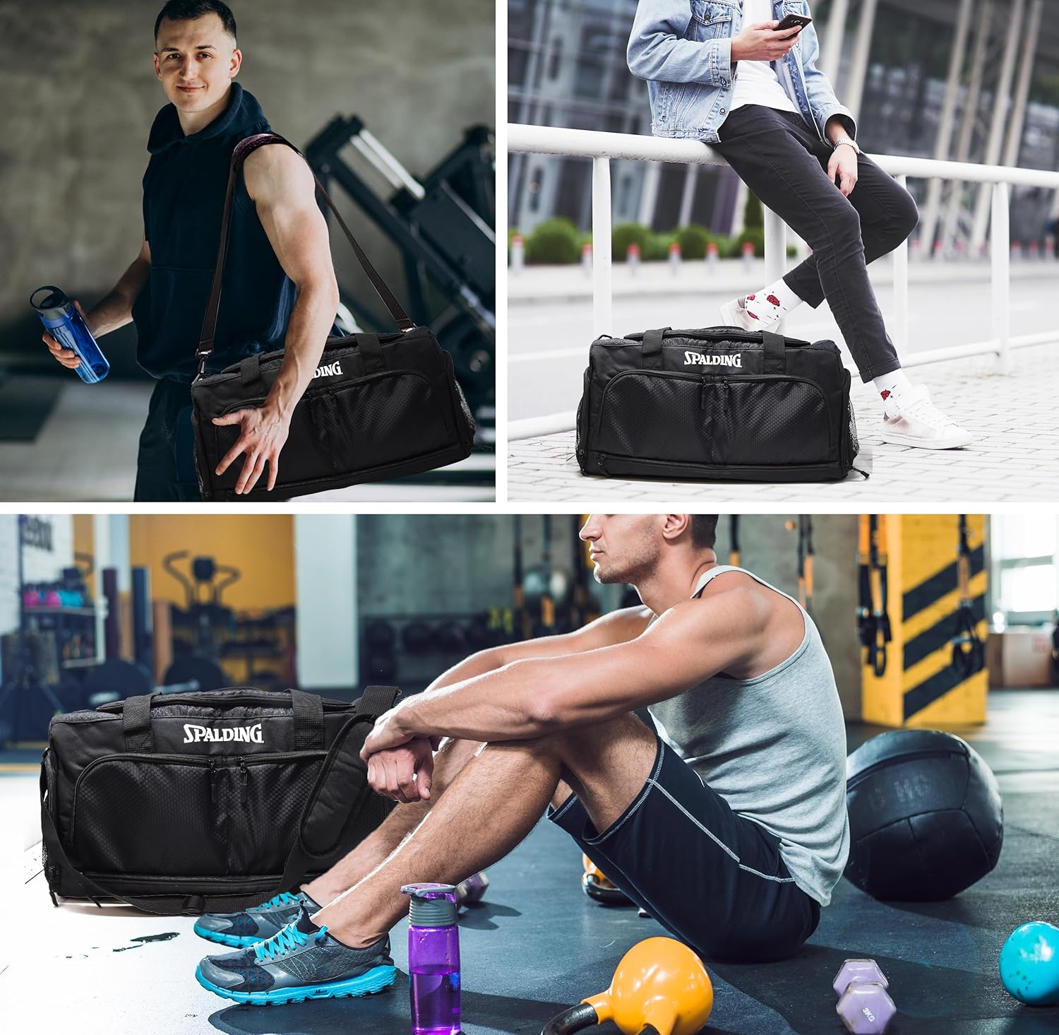 Spalding 55L Gym Duffle Bag with Shoe & Wet Compartment – Waterproof Sports Travel Bag for Men & Women, Black, 24 x 12 x 14 in