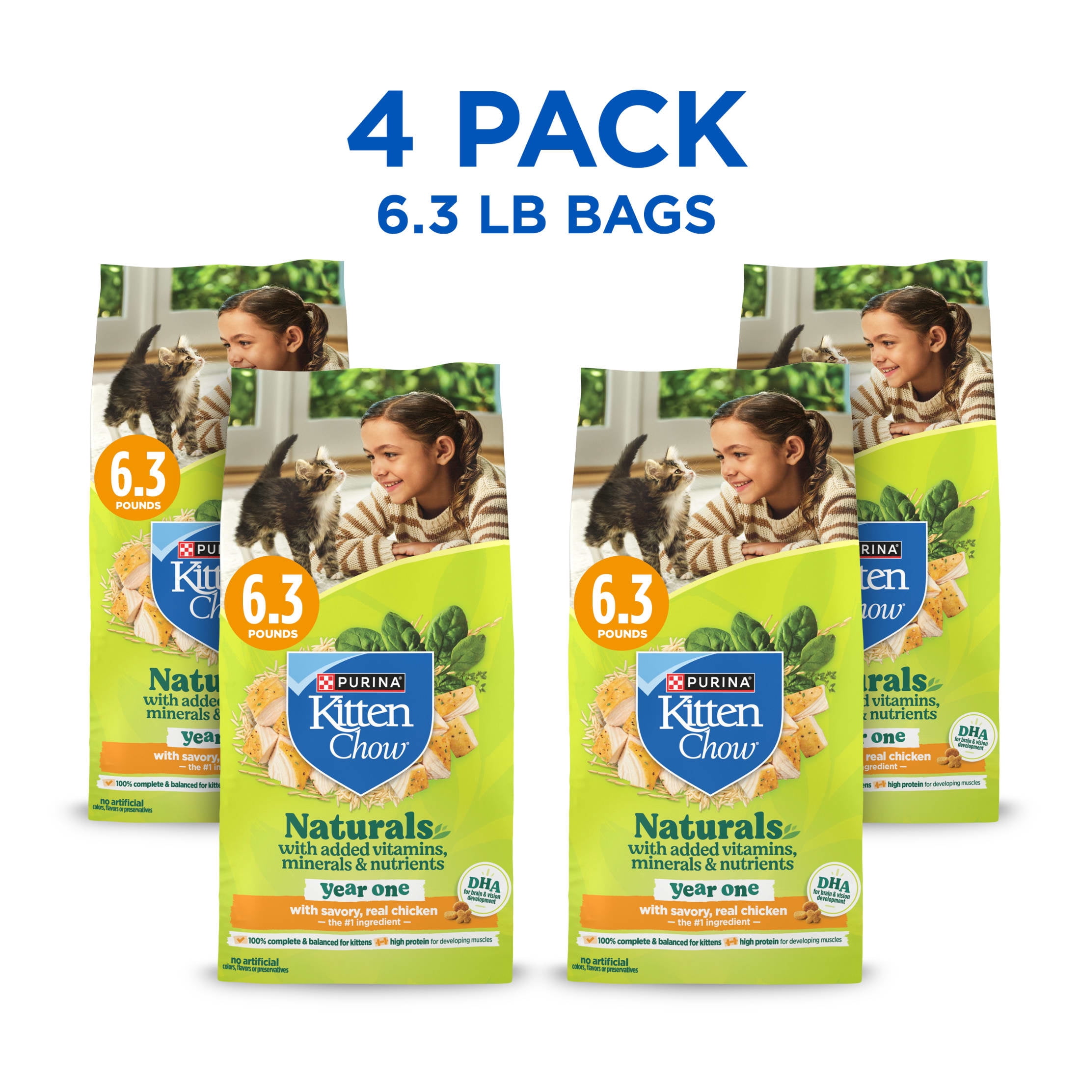 (4 pack) Purina Kitten Chow Naturals Chicken Flavor Dry Cat Food for Kittens, 6.3 lb. Bag, 4 Pack