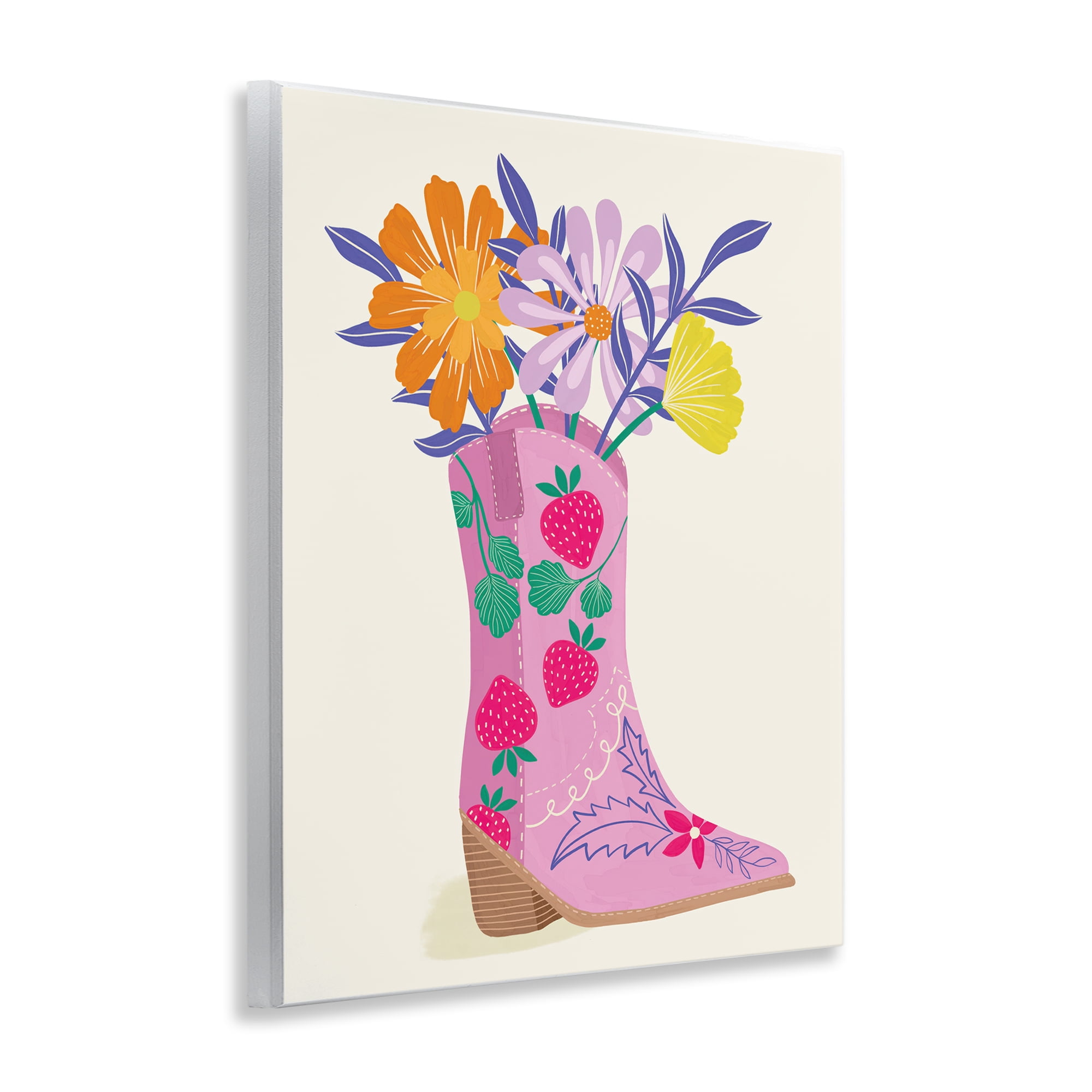 Stupell Industries Strawberry Patterned Floral Boots Plants & Flowers Painting Unframed Art Print Wall Art, 11 x 14