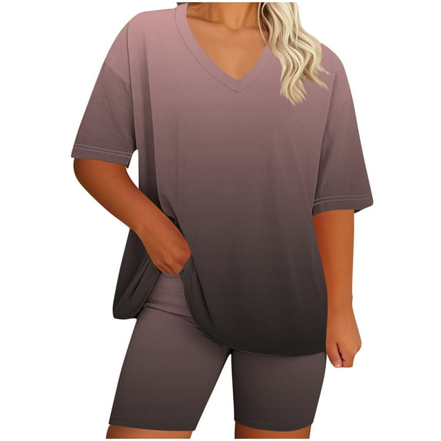 Womens Pajamas Two Piece Plus Size Lounge Sets Gradient Oversized Tshirt Slim Shorts Sleepwear Pjs Weekend Pink, 5XL