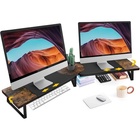 Dual-Monitor-Riser-Stand-For-Desk Large Monitor Stand Riser For 2 Monitors With Adjustable Length Angle Double Computer Riser For Desktop Organizer Monitor Shelf Riser For TV Laptop Printer