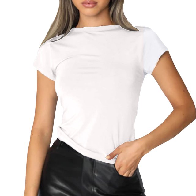 Gibobby Blusa de Trabajo de Manga Corta Camiseta básica ajustada manga corta para mujer, cuello redondo liso, camiseta corta Cauasl verano(Blanco,CH)
