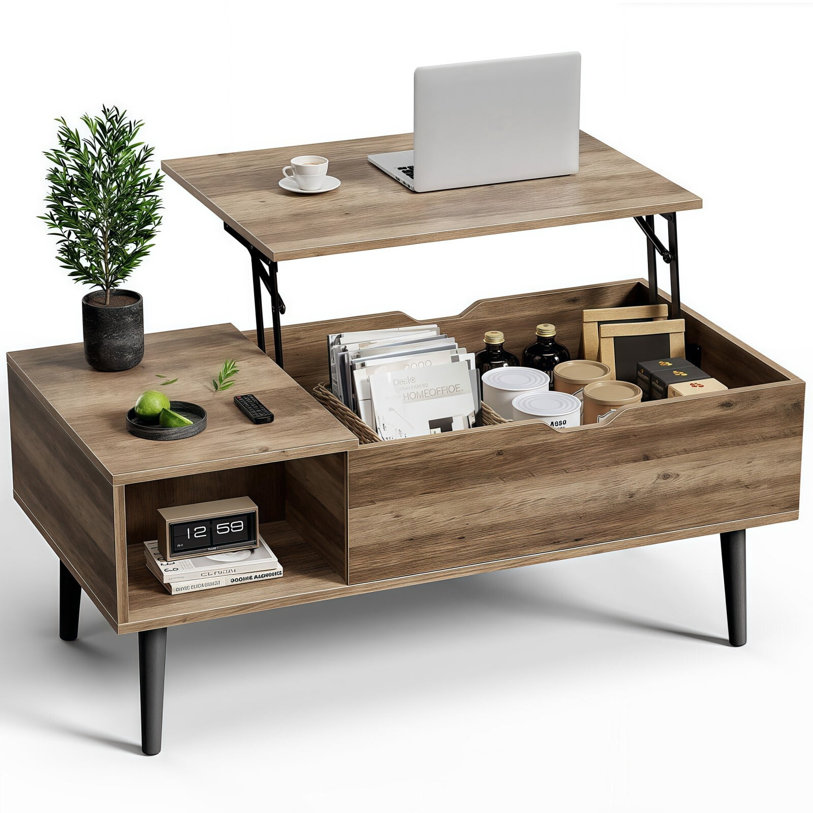 Kelno Lift Top Coffee Table with Hidden Compartment and Storage Shelves Wood Dining Center Table, Gray