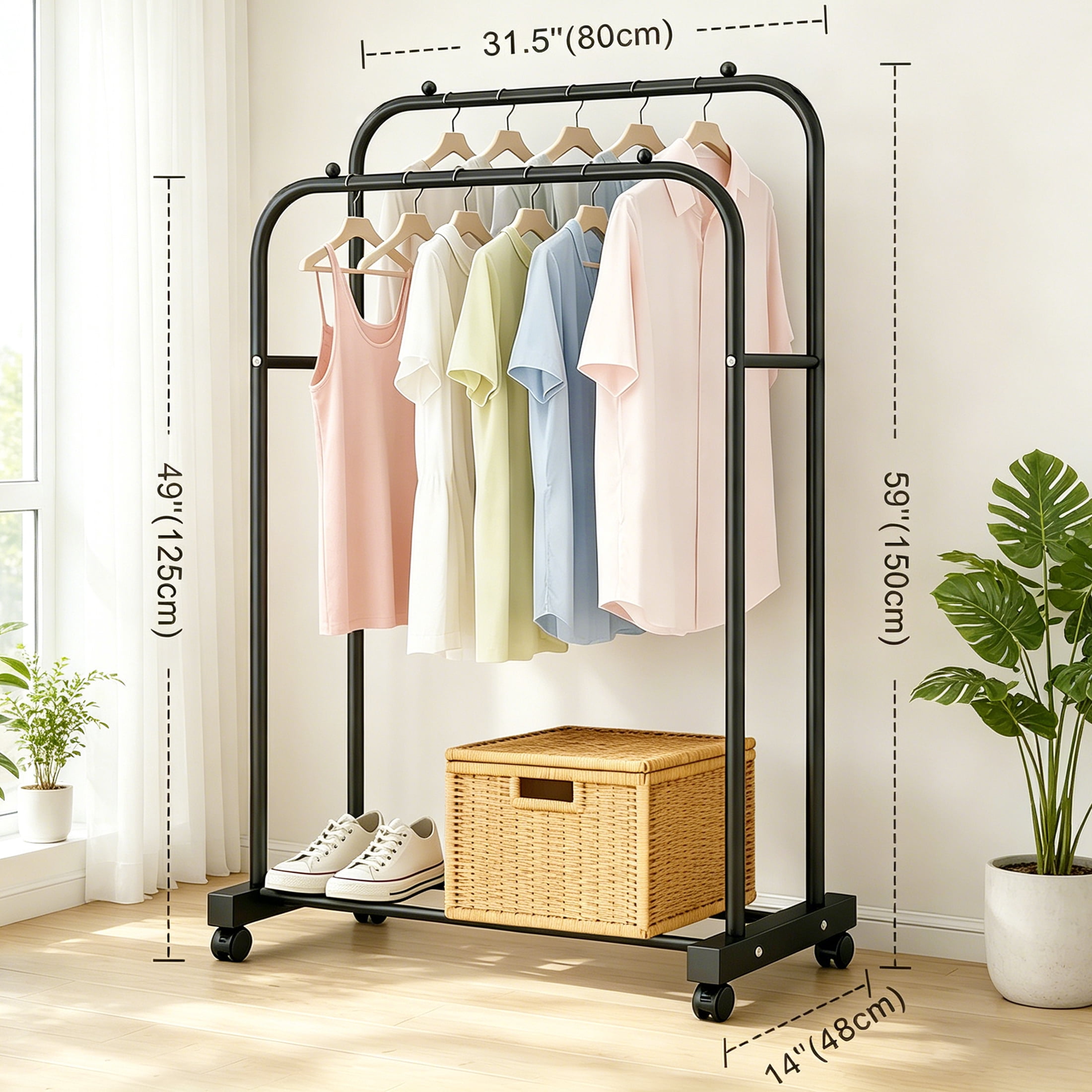 cisilov Clothes Rack, Double Rods Rolling Clothing Rack for Hanging Clothes, Portable Garment Rack with Wheels for Bedroom Laundry Room, Black