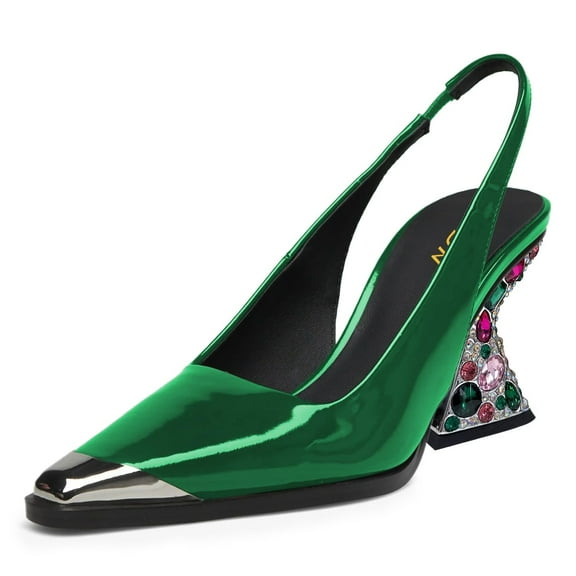 YDN Women Fashion Studded Pointed Toe Elastic Slingback Pumps Colorful Crystal High Heels Slip On Shoes Wedding Event Dress Size 8 Green